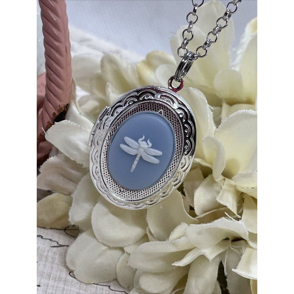Dainty Cameo Dragonfly Locket Silver Easter Mom Blue White Daughter Gift Wedding